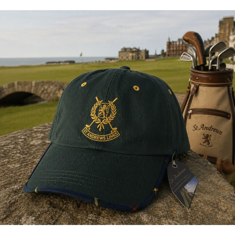 St Andrews Links Golf Hat Green Strapback Tartan Crest NWT